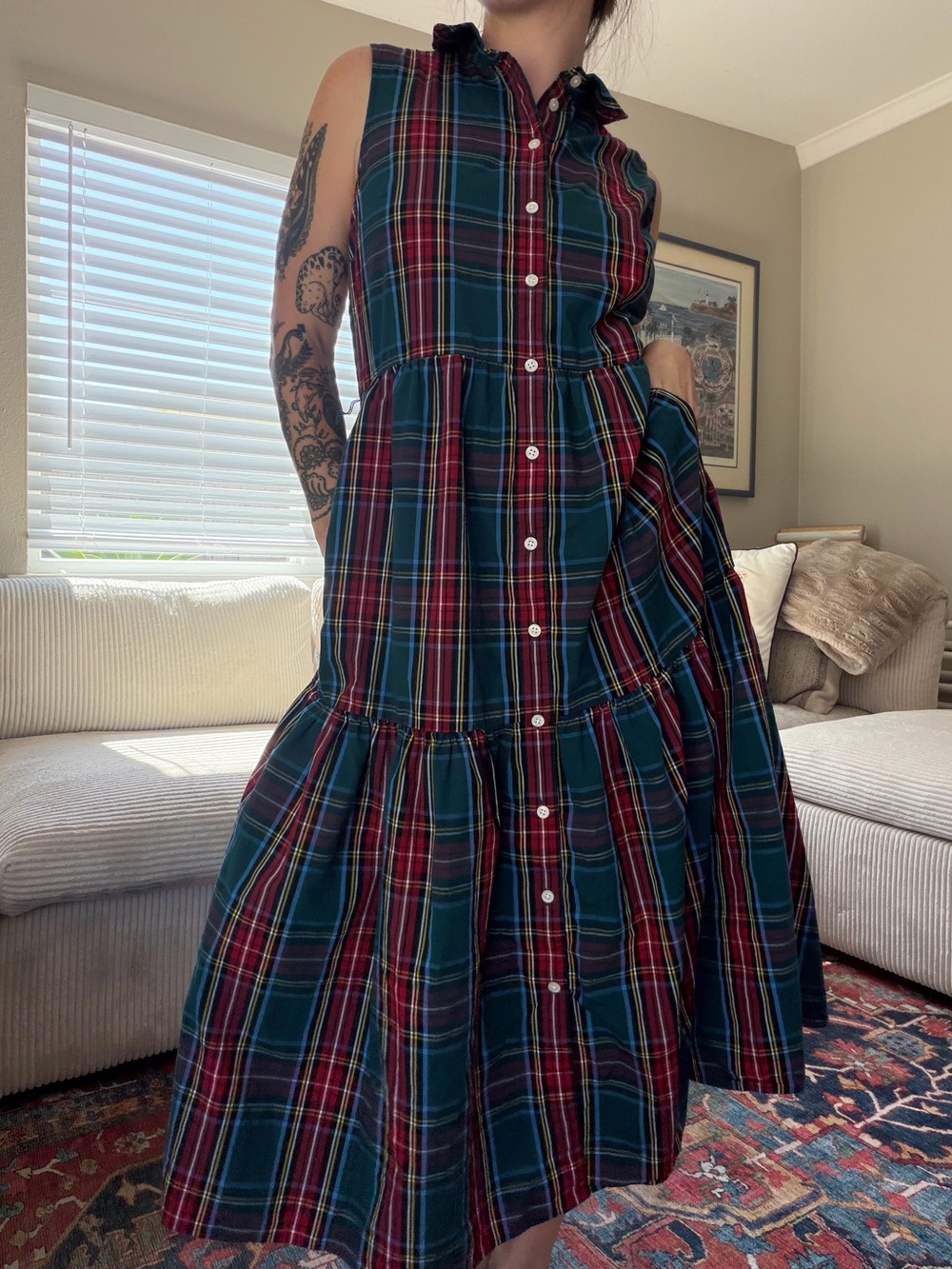 J. Crew Tartan Plaid Tiered Midi Dress Size 8 Button Front Sleeveless